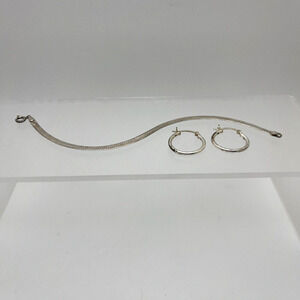 Herringbone Italy 925 Sterling Silver Bracelet 7” w/ 925 Hoop Earrings